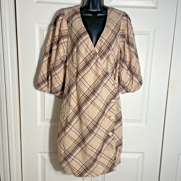 INC International Concepts Dresses & Skirts - Inc International Concepts Dress Women 10 Brown Plaid Linen Blend Faux Wrap Boho